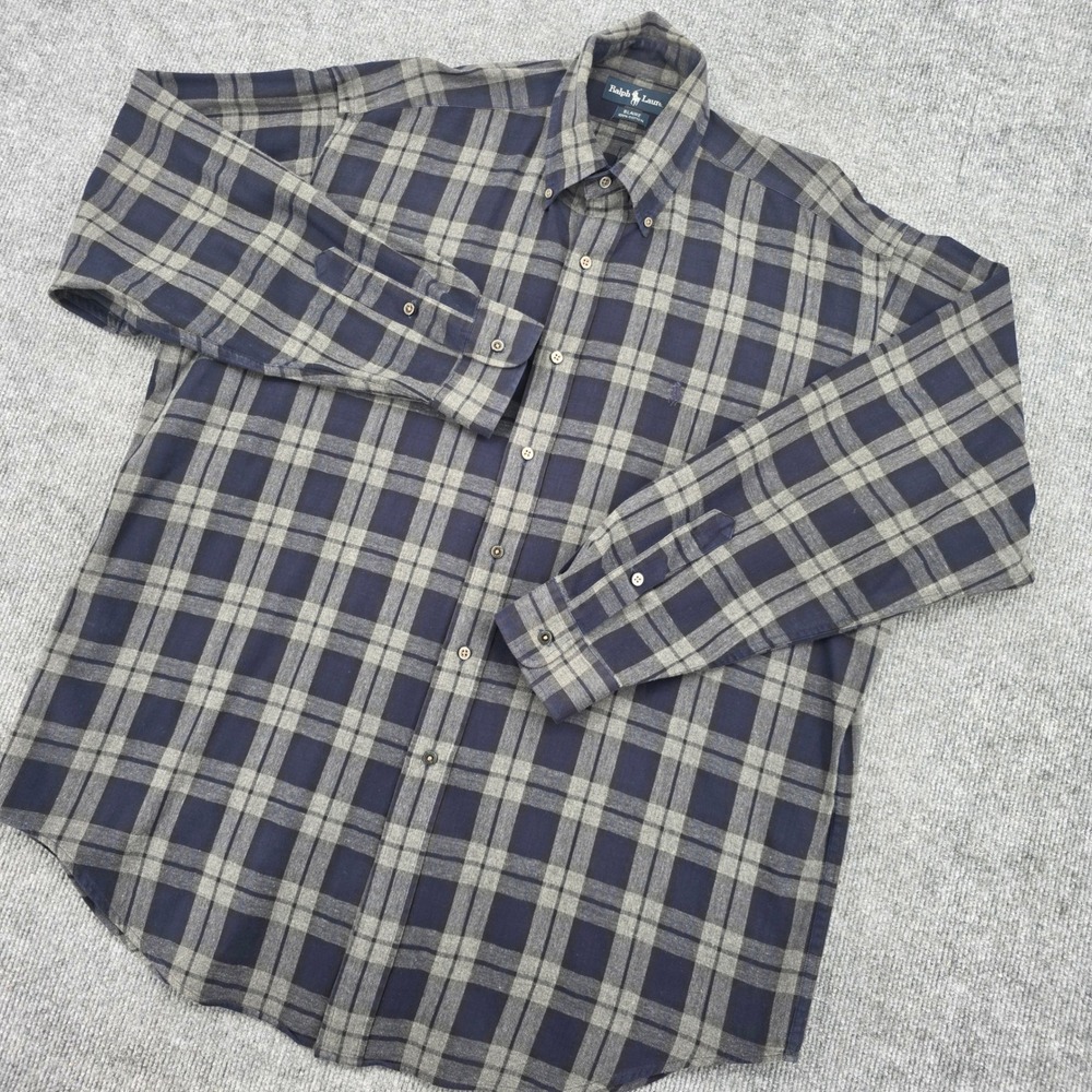 Ralph Lauren Blaire Mens Large Navy Blue Grey Plaid Cotton Button Down Shirt